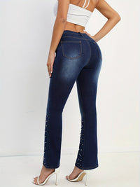 Dark Blue Rhinestone Flare Jeans, High Stretch Slant Pockets Whiskered Bell Bottom Jeans, Women's Denim Jeans & Clothing