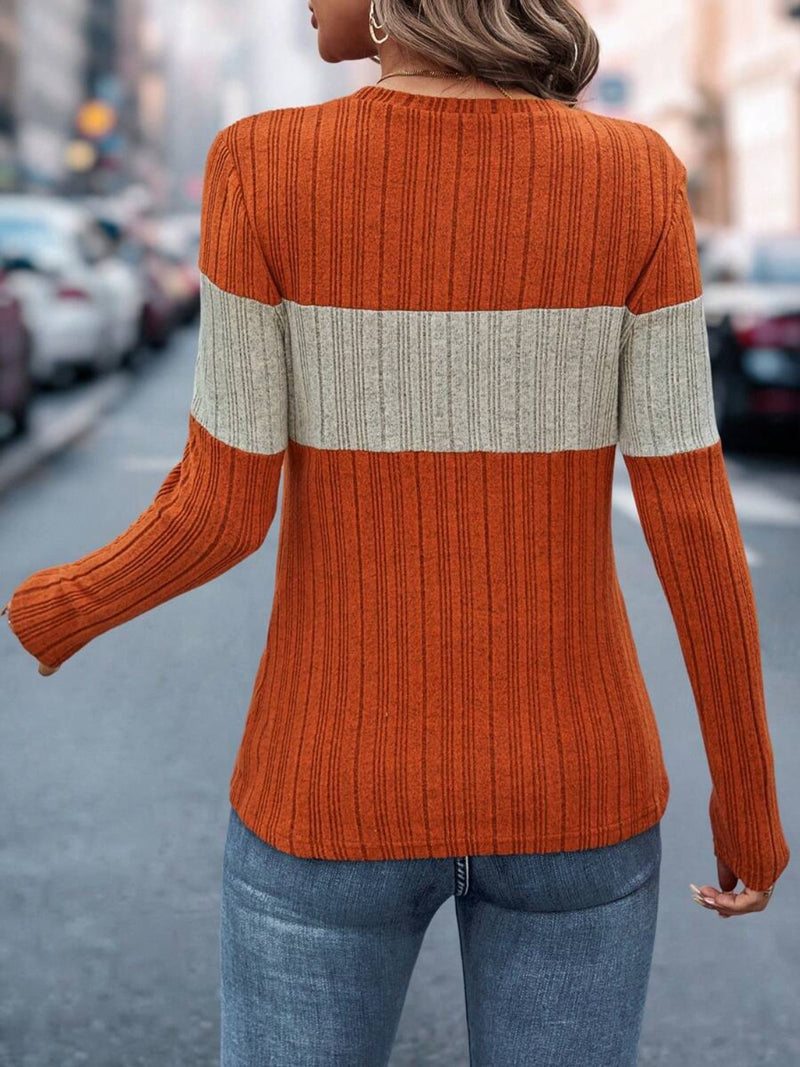 Color Block Round Neck Long Sleeve Top