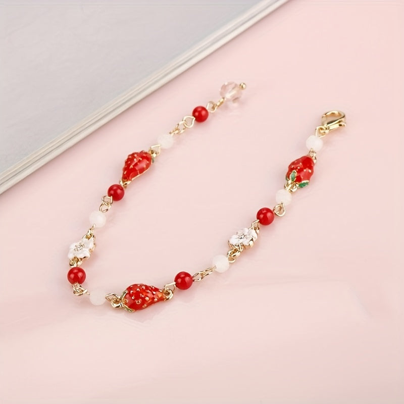 Cute Strawberry Charm Bracelet Elegant Fruit Design Hand Jewelry For Women Girls Gift