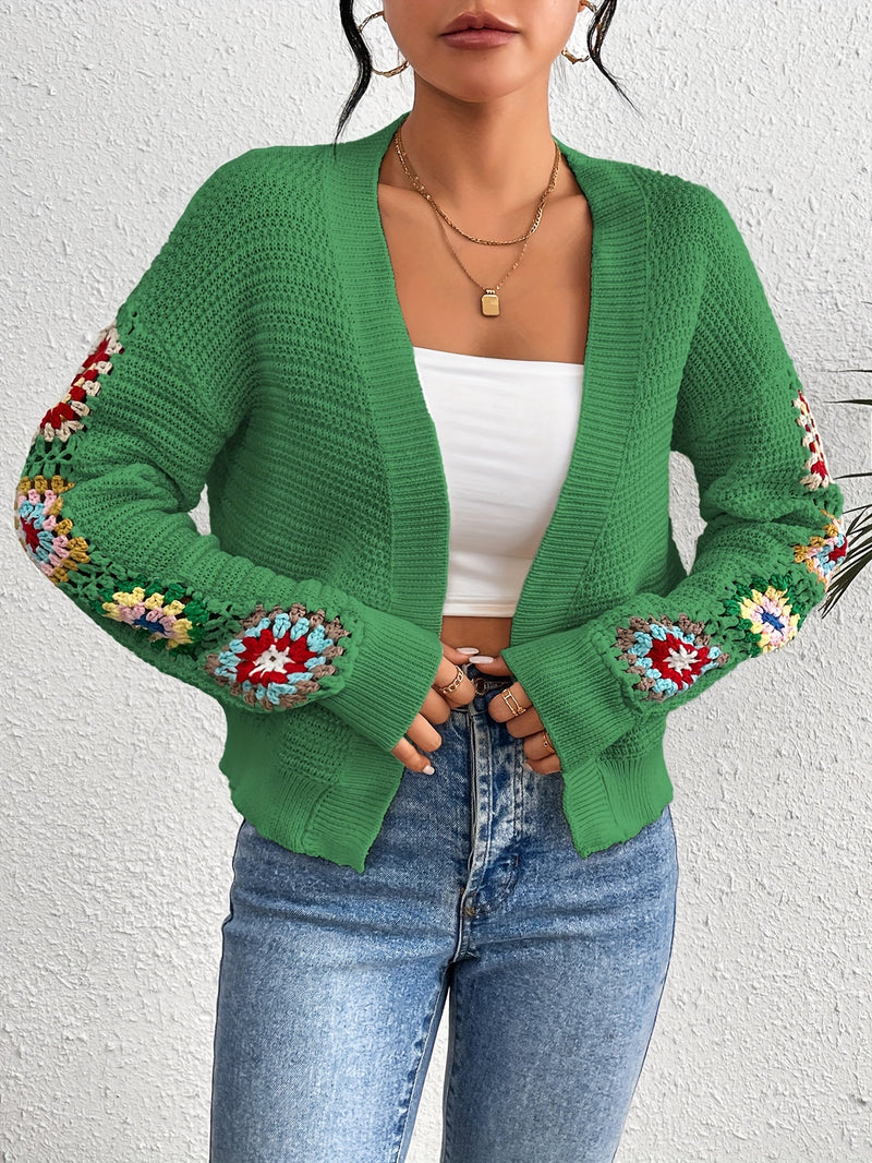 Vibrant Floral Patterned Open Front Knit Cardigan - Elegant Long Sleeve Crop Sweater with Soft Fabric, Relaxed Fit, and Chic Design - Perfect for Women's Everyday Wear, Date Nights, and Special Occasions