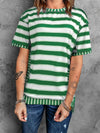 Full Size Contrast Stitching Striped Round Neck T-Shirt