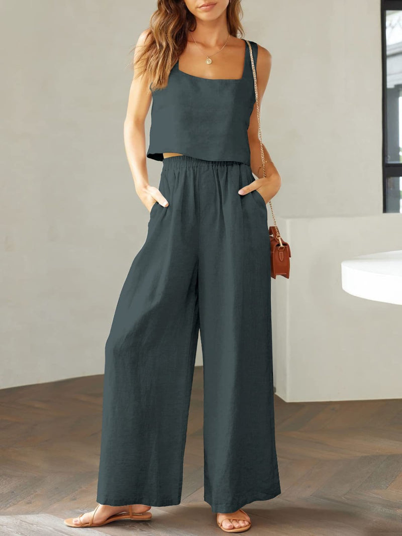 Square Neck Top and Wide Leg Pants Set