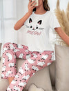 Cute Kitty Print Pajama Set, Casual Short Sleeve Crew Neck Top & Lounge Pants, Women's Sleepwear & Loungewear