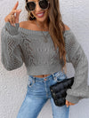 Cozy Pointelle Knit Crop Sweater - Chic Off-Shoulder Design, Relaxed Casual Long Sleeve, Versatile for Spring & Fall, Womens Clothing, Everyday Wear