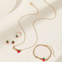 5pcs Necklace Bracelet Earrings Plus Ring Cute Jewelry Set Strawberry Shape Match Daily Outfits Sweet Gift For Girls - Everydayswear - 