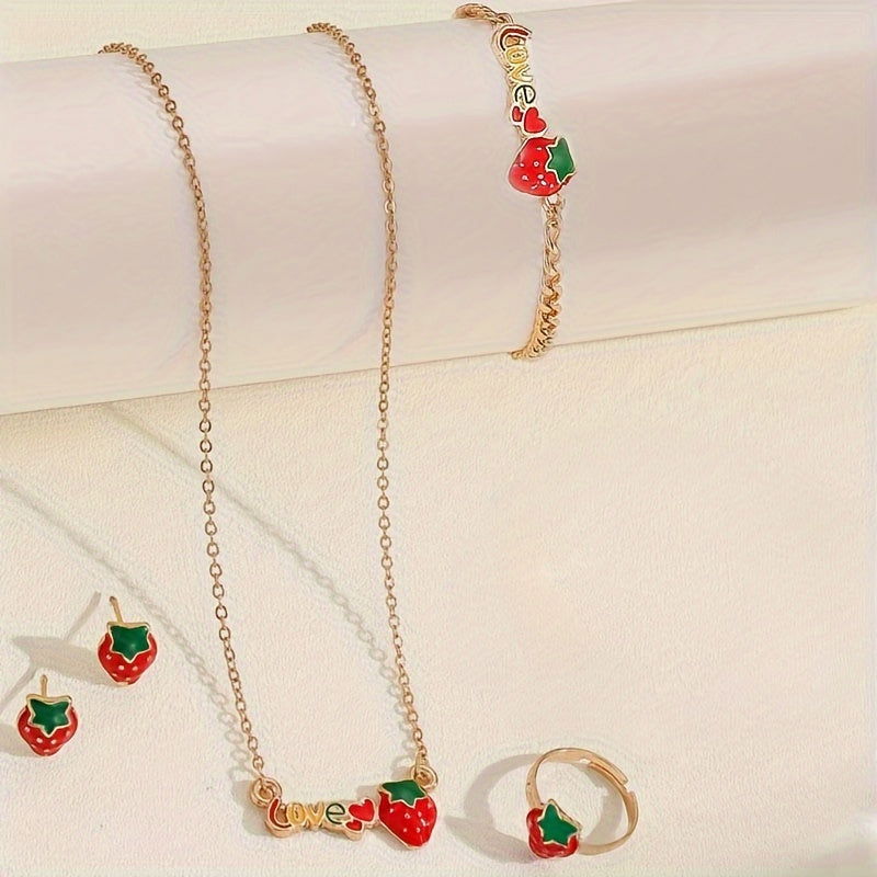 5pcs Necklace Bracelet Earrings Plus Ring Cute Jewelry Set Strawberry Shape Match Daily Outfits Sweet Gift For Girls - Everydayswear - 