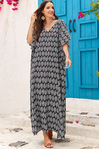 Slit Printed V-Neck Half Sleeve Cover Up