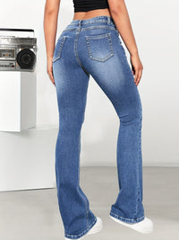 Blue Ripped Hole Bell Bottom Jeans, High-stretch Slim Fitted Denim Pants, Women's Denim Jeans & Clothing