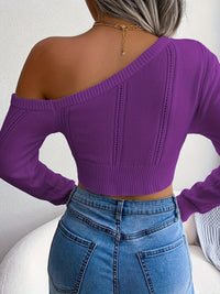 Chic One Shoulder Crop Sweater - Long Sleeve Skew Neck Pointelle Knit Top with Feminine Silhouette - Women's Fashion Clothing for Casual Daily Wear