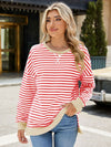 Slit Striped Round Neck Long Sleeve Sweatshirt