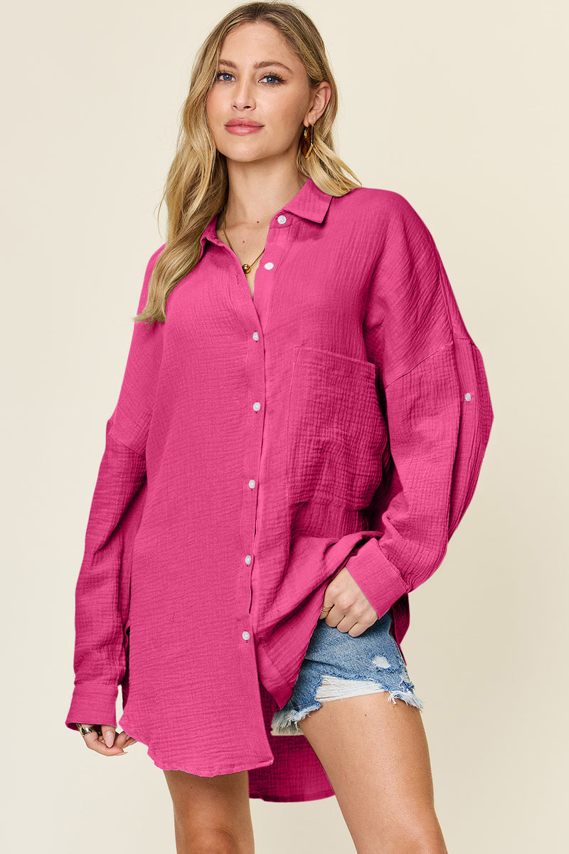 Double Take Full Size Pocketed Texture Button Up Shirt