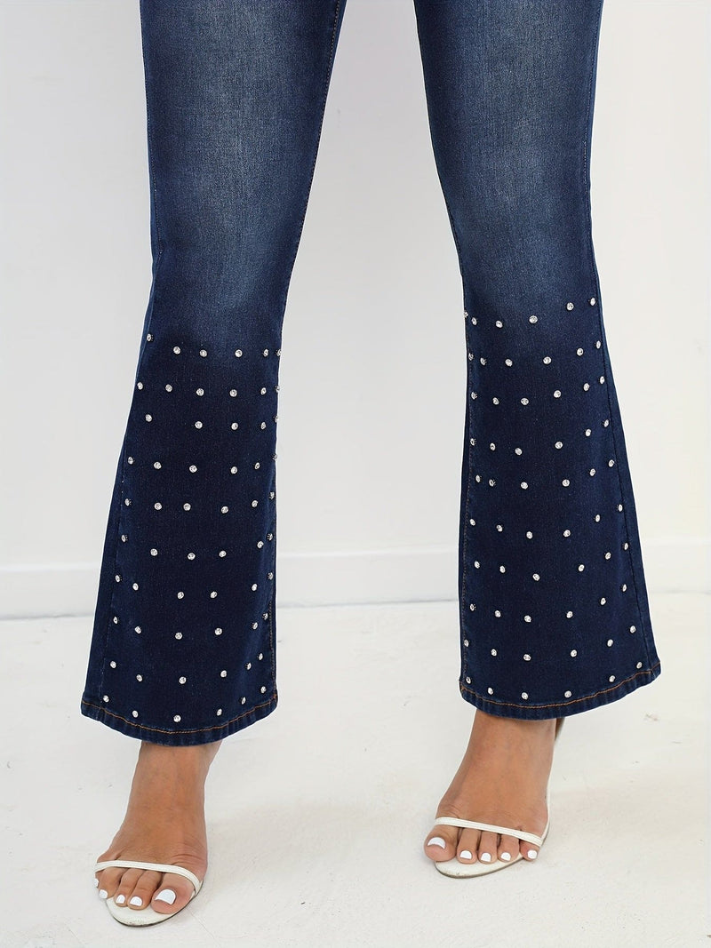 Dark Blue Rhinestone Flare Jeans, High Stretch Slant Pockets Whiskered Bell Bottom Jeans, Women's Denim Jeans & Clothing