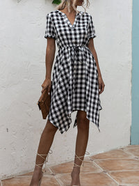 Plaid Notched Short Sleeve Dress