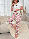 Cute Kitty Print Pajama Set, Casual Short Sleeve Crew Neck Top & Lounge Pants, Women's Sleepwear & Loungewear