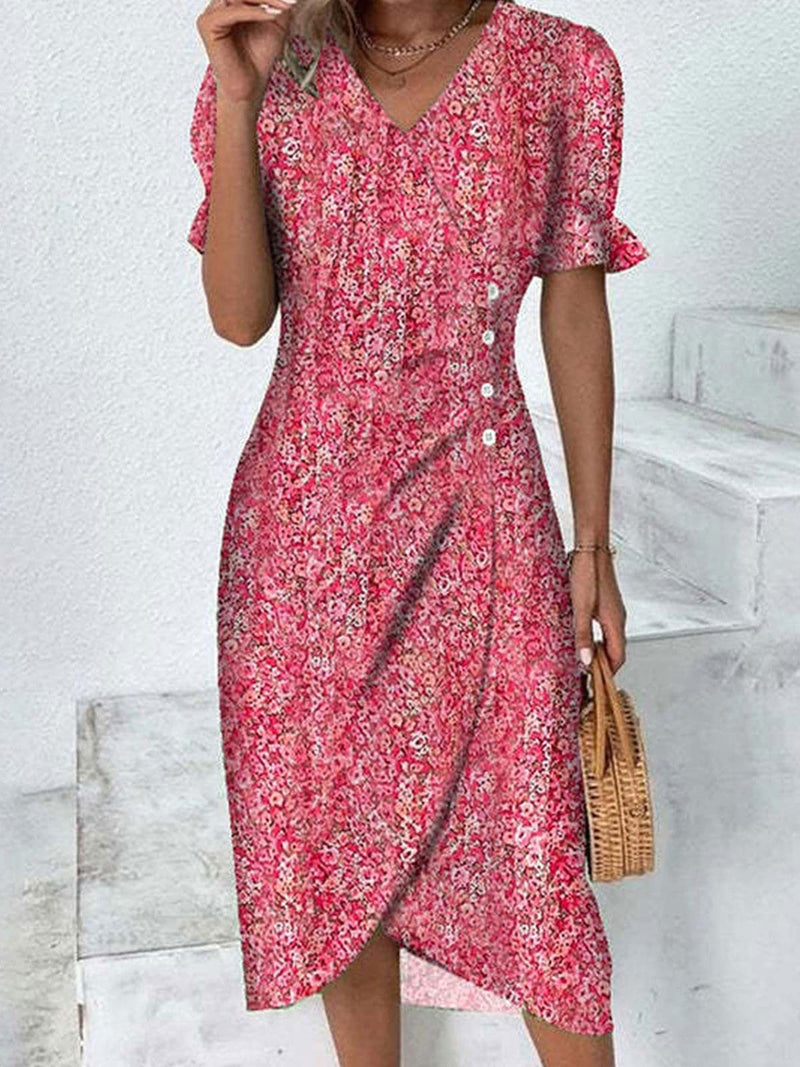 Full Size Printed Surplice Flounce Sleeve Midi Dress