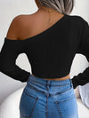 Chic One Shoulder Crop Sweater - Long Sleeve Skew Neck Pointelle Knit Top with Feminine Silhouette - Women's Fashion Clothing for Casual Daily Wear