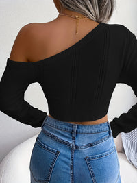 Chic One Shoulder Crop Sweater - Long Sleeve Skew Neck Pointelle Knit Top with Feminine Silhouette - Women's Fashion Clothing for Casual Daily Wear