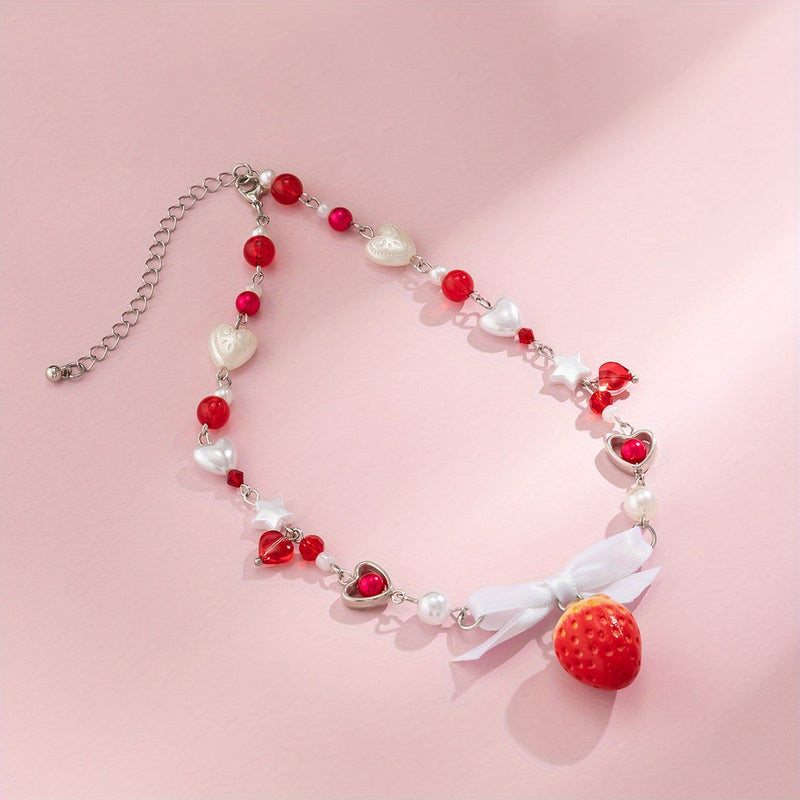 Cute Three-dimensional Strawberry Pendant Beaded Necklace Holiday Summer Party Jewelry Gift For Girls