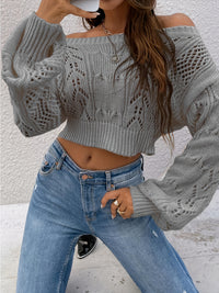 Cozy Pointelle Knit Crop Sweater - Chic Off-Shoulder Design, Relaxed Casual Long Sleeve, Versatile for Spring & Fall, Womens Clothing, Everyday Wear