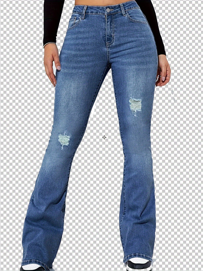 Blue Ripped Holes Flare Jeans, High Stretch Slant Pockets Washed Bell Bottom Jeans, Women's Denim Jeans & Clothing