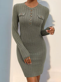 Decorative Button Round Neck Long Sleeve Dress