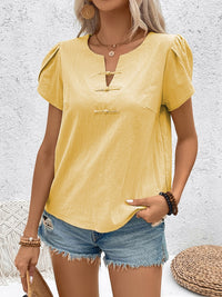 Notched Short Sleeve Blouse