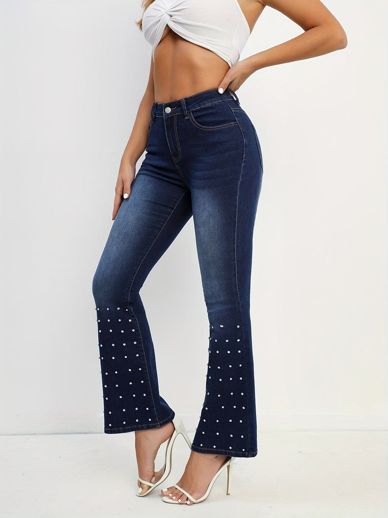 Dark Blue Rhinestone Flare Jeans, High Stretch Slant Pockets Whiskered Bell Bottom Jeans, Women's Denim Jeans & Clothing