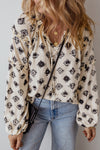 Frill Printed Tie Neck Long Sleeve Blouse