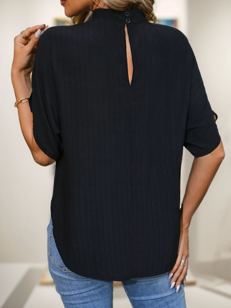 Ruched Mock Neck Half Sleeve Blouse