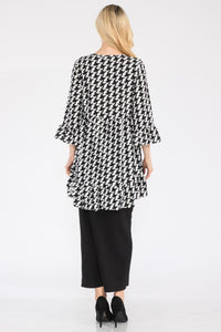 Celeste Full Size Houndstooth Flounce Sleeve High-Low Top