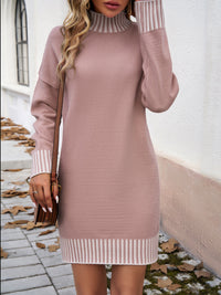 Striped Mock Neck Long Sleeve Sweater Dress