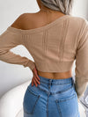 Chic One Shoulder Crop Sweater - Long Sleeve Skew Neck Pointelle Knit Top with Feminine Silhouette - Women's Fashion Clothing for Casual Daily Wear