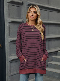 Pocketed Striped Round Neck Long Sleeve T-Shirt