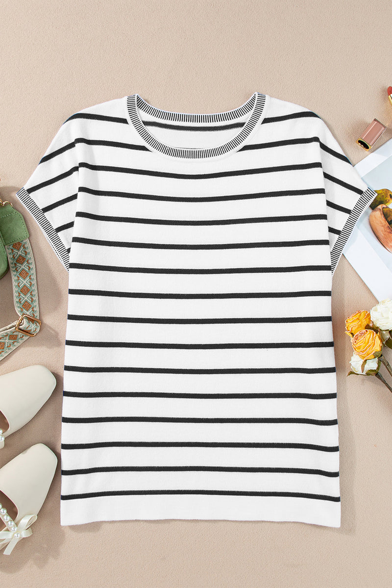 Striped Round Neck Cap Sleeve Knit Top