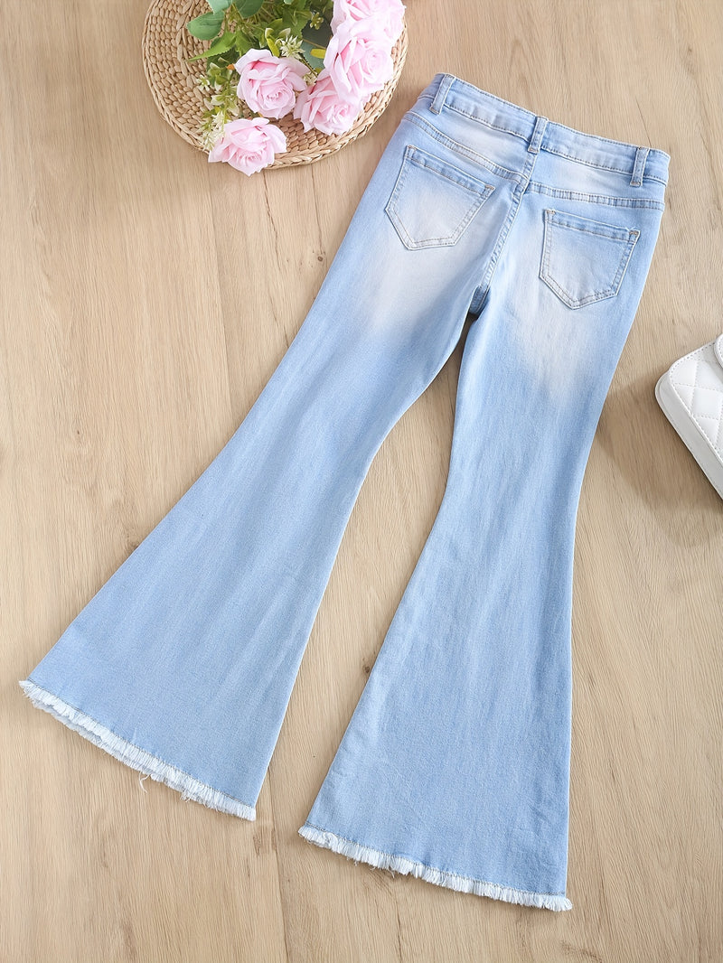 Trendy Tween Girls' Flared Ripped Jeans - Comfy Cotton Blend, All-Season Chic, Stretchy Fit for Everyday Style