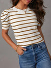 Striped Round Neck Puff Sleeve Knit Top