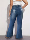 Plus Size Casual Flared Jeans, Women's Plus Angel Wings Print High Stretch High Rise Flared Jeans