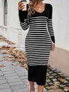 Striped V-Neck Long Sleeve Sweater Dress