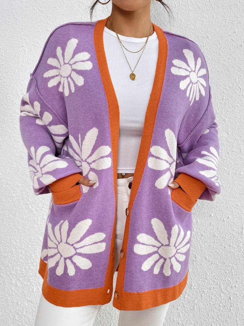 Contrast Dropped Shoulder Long Sleeve Cardigan