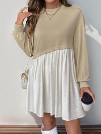 Perfee Contrast Round Neck Long Sleeve Mini Dress