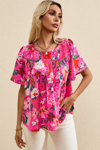 Smocked Printed Round Neck Half Sleeve Blouse