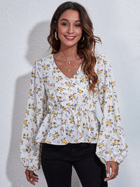 Ruched Printed V-Neck Long Sleeve Blouse