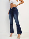 Dark Blue Rhinestone Flare Jeans, High Stretch Slant Pockets Whiskered Bell Bottom Jeans, Women's Denim Jeans & Clothing