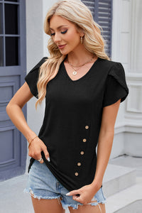 Decorative Button V-Neck Short Sleeve T-Shirt