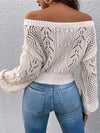 Cozy Pointelle Knit Crop Sweater - Chic Off-Shoulder Design, Relaxed Casual Long Sleeve, Versatile for Spring & Fall, Womens Clothing, Everyday Wear