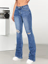 Blue Ripped Hole Bell Bottom Jeans, High-stretch Slim Fitted Denim Pants, Women's Denim Jeans & Clothing