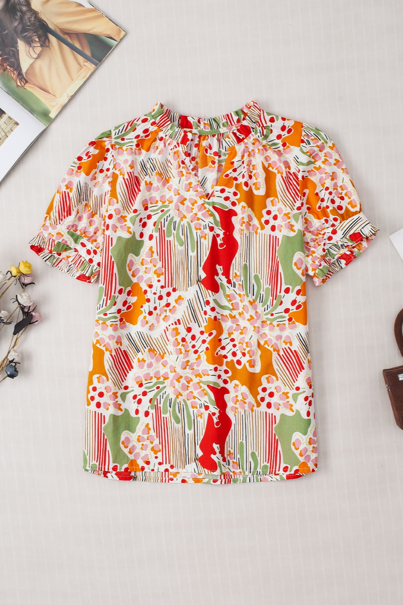 Printed Notched Short Sleeve Blouse