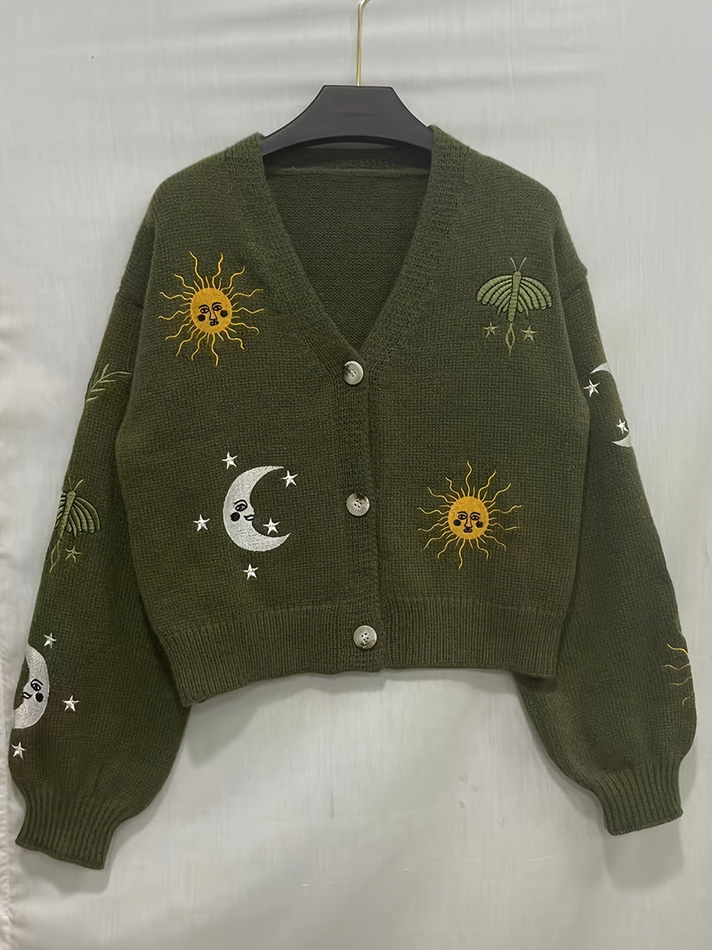 Stylish Sun & Moon Pattern Crop Knitted Cardigan - Chic Button Front, Lantern Sleeve, Cozy, Soft, and Warm for Spring & Fall - Women's Chic Clothing for Everyday Wear