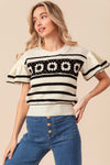 BiBi Granny Square Short Sleeve Striped Sweater