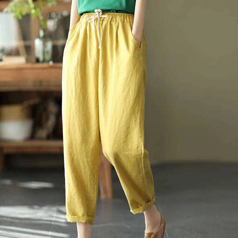 Rimocy 2024 Summer Casual Cotton Linen Pants Women Retro Pockets Loose Harem Pants Woman Solid Elastic Waist Trousers Female